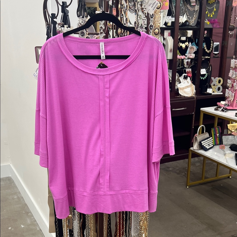 Women's Hot Pink Ribbed Scoop Neck Top by Zenana